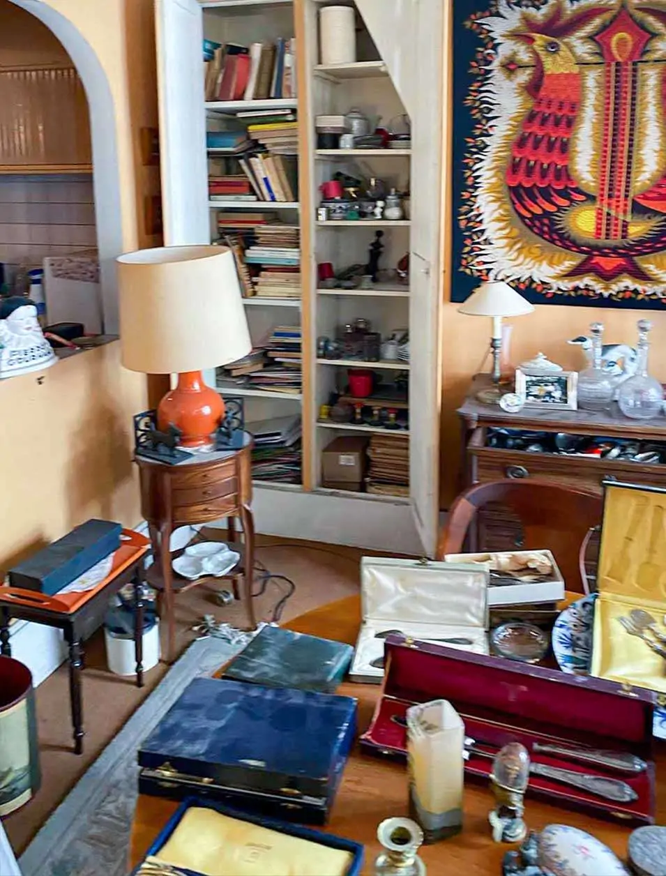 Debarras-Le-Dore-4 Salon avec des bibelots, livres et trésors