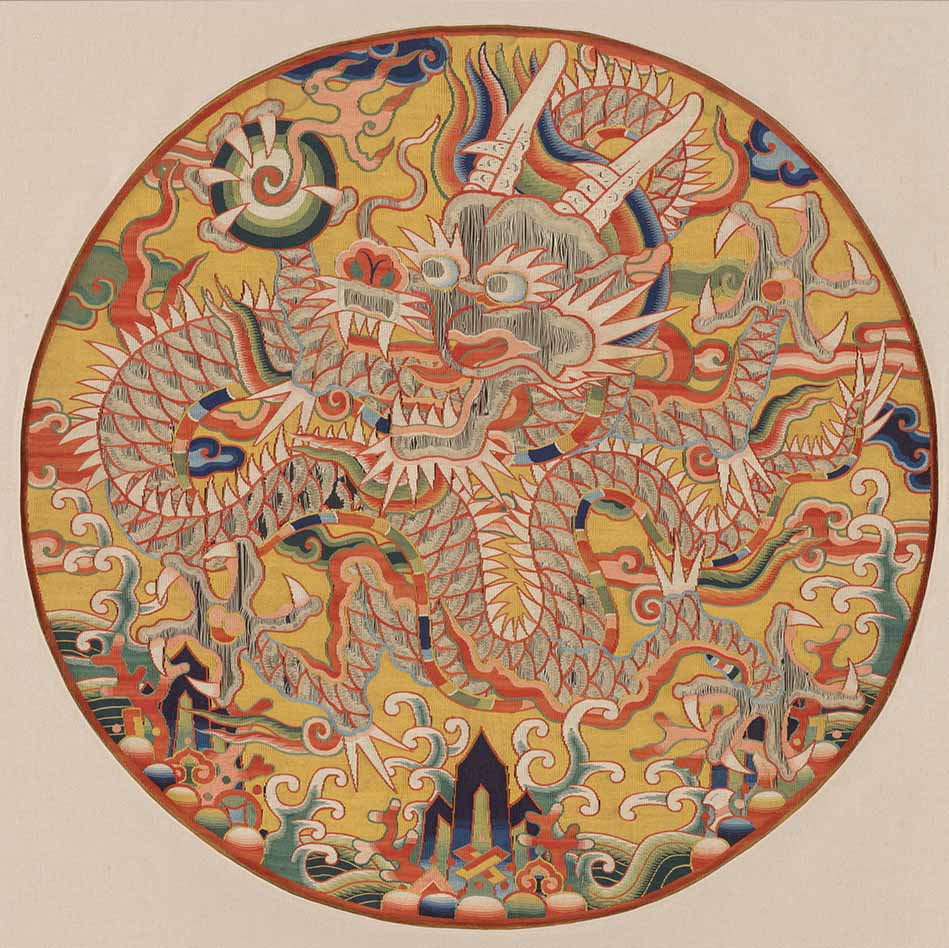 Medaillon jaune au dragon en soie Achat d’art asiatique