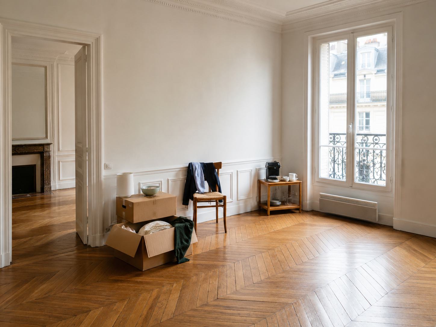 Appartement parisien après location avec objets laissés avant débarras