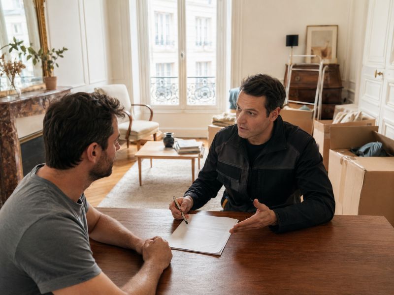 Particulier échangeant avec un professionnel avant de signer un devis de débarras à Paris