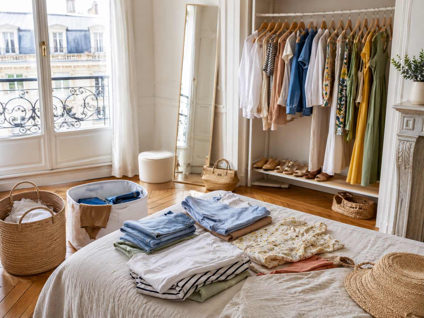 Tri de garde-robe après l’été dans un appartement parisien